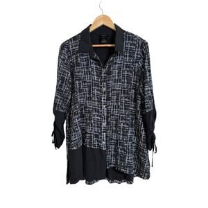 Ali Miles Women's Black Abstract Cinch 3/4 Sleeve Tunic Button Up Blouse Medium